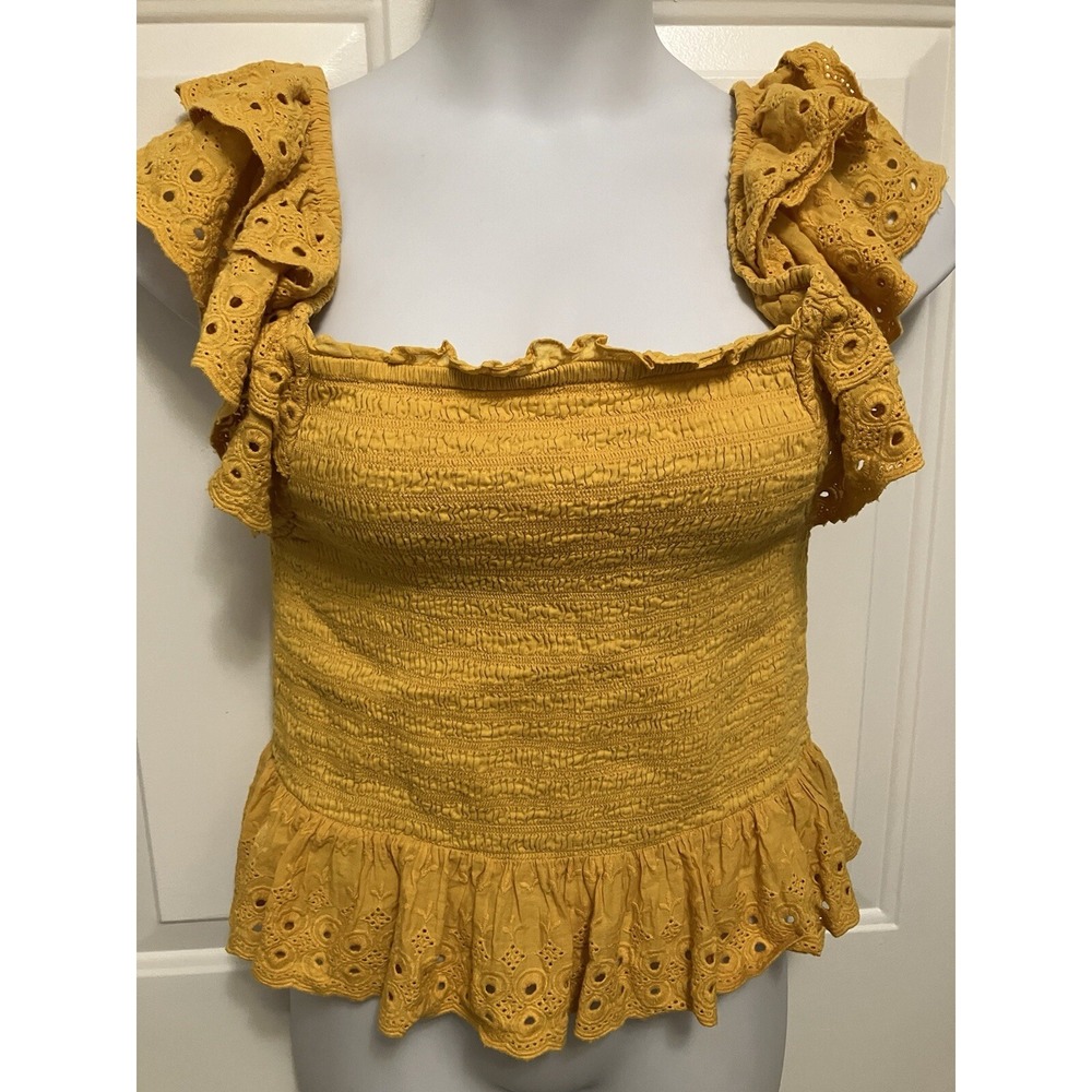 House of Harlow 1960 Smocked Eyelet Ruffle Top Shirt Women's XL Mustard Yellow